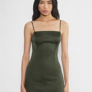 Aritzia Satin Shimmer Mini Dress in Olive Green